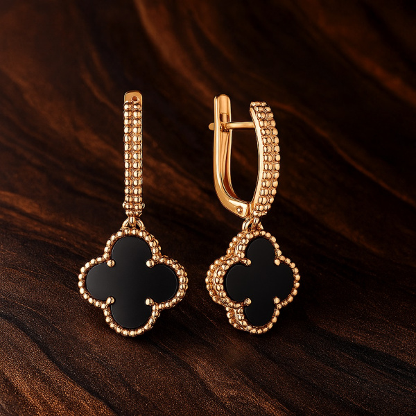 Серьги из красного золота  с черными агатами